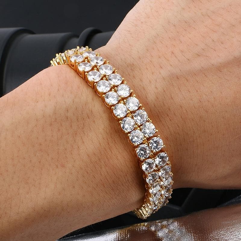 2 Row Zircon Tennis Chain 10mm(0.4 Inch) Wide Bracelet Gold Silver For Men Double Crystal Square CZ Bangle
