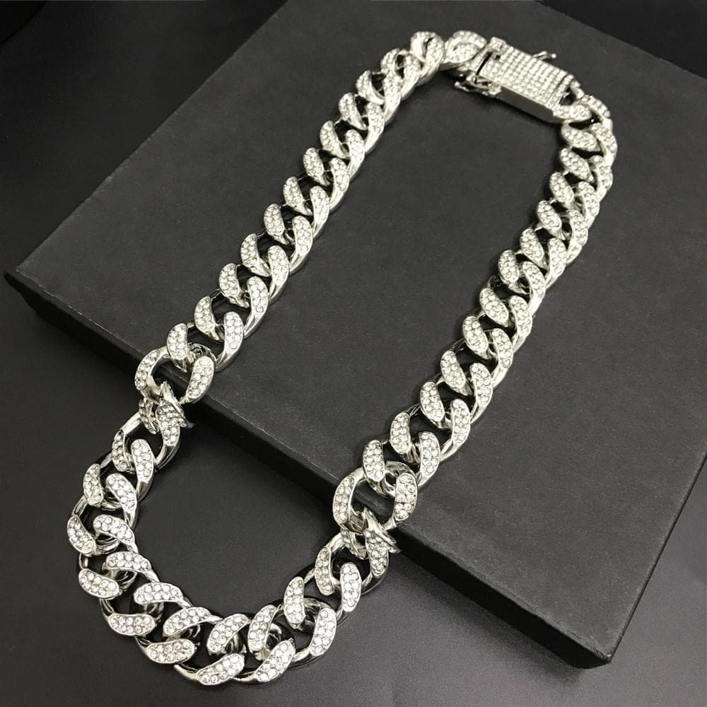 Men Necklace Hip Hop Gold Sliver Ice Out Crystal Miami Cuban Rhinestone Rock Pendant Set 0.8 Inch Bling Rapper Men Jewelry
