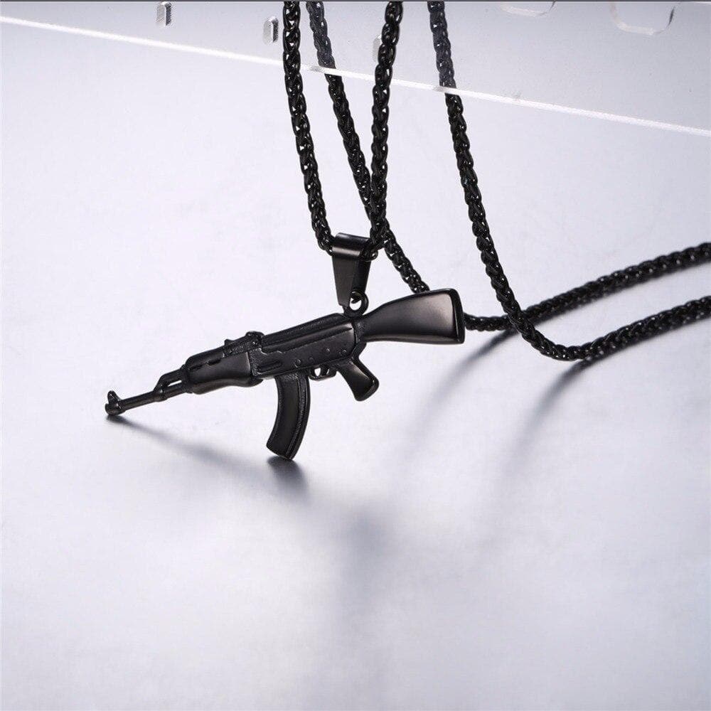 Hip Hop Jewelry AK47 Assault Uzi Rifle Pattern Necklace Gold Stainless Steel Rock Army Style Pendant & Chain For Men
