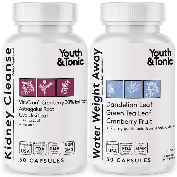 Youth & Tonic Daily Water Retention Pills for Kidney Cleanse Swelling and Excess Body Fluids & Metabolic Waste / 30 + 30 Capsules