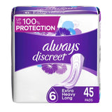 Always Discreet Adult Extra Heavy Long Incontinence Pads, Up to 100% Leak-Free Protection, White 45 Count