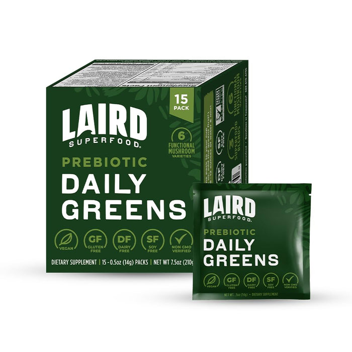 Laird Superfood Prebiotic Daily Greens Powder - Pack of 15 Single Serve Sachets - Essential Vitamins & Minerals - Fiber, Adaptogen & Fruits, Vegetables – Supports Gut Health – Non-GMO, Vegan