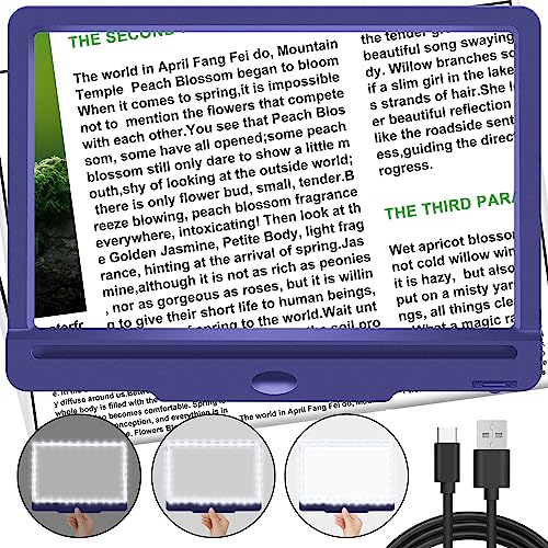 5X Magnifying Glass with Light, Dimmable LED 9.5” x 6.9” Full Page Magnifier, Rechargeable Magnifying Glass for Reading - Ideal Magnifier for Reading and Close Work - Blue