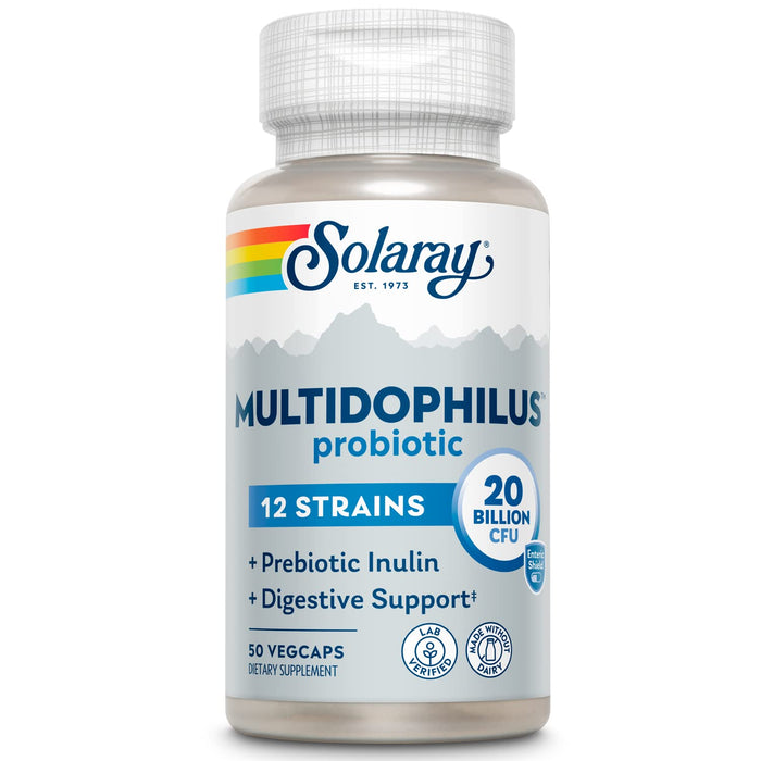 SOLARAY Multidophilus 12 Strain Probiotic 20 Billion CFU, Probiotics for Digestive Health and Gut Health Support w/Prebiotic Inulin, Made Without Dairy, 60 Day Guarantee, 25 Serv, 50 Enteric VegCaps