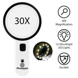 Pineapple Magnifying Glass with Light, 30X Handheld Large Magnifying Glass, LED Lighted Magnifier, High Powered Magnifying Glasses for Seniors, Macular Degeneration, Reading, Elderly