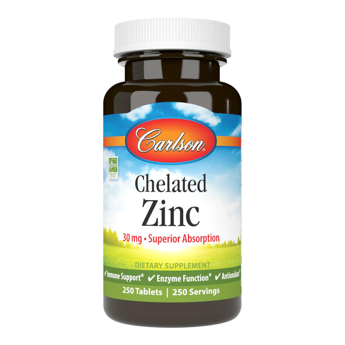 Carlson - Chelated Zinc, 30 mg, Chelated Zinc Supplement, Zinc Glycinate Chelate, Superior Absorption, Immune Support & Enzyme Function, Zinc Tablets, Antioxidant, 250 Tablets