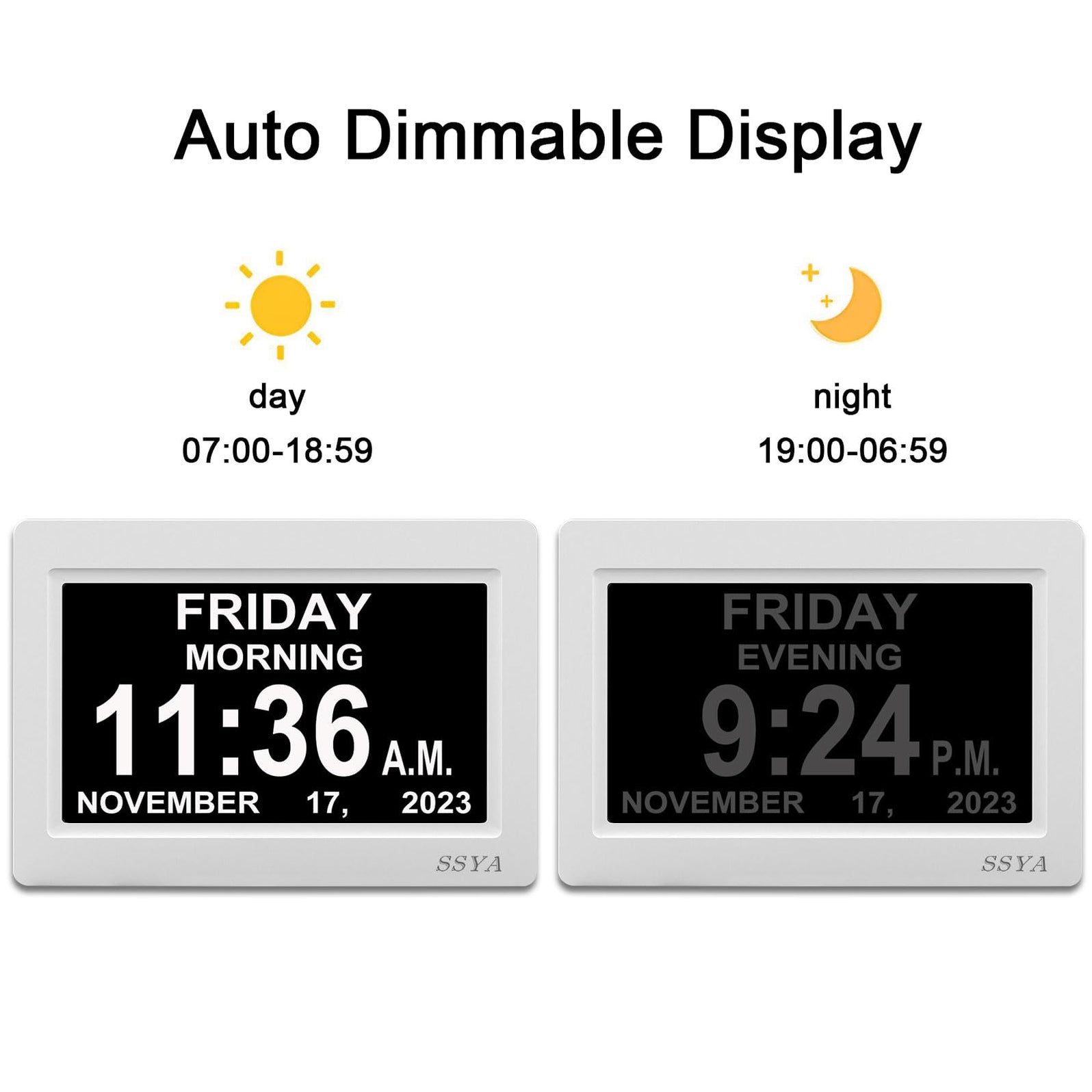 SSYA Digital Calendar Alarm Clock - Dementia Clocks for Vision Impaire