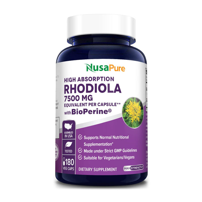 NusaPure Rhodiola Rosea 7,500mg 180 Veggie Capsules (Non-GMO, Extract 30:1, Vegan & Gluten-Free) Bioperine