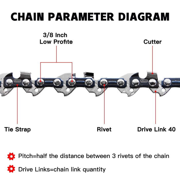 KAKEI 10 Inch Chainsaw Chain 3/8" LP Pitch, 050" Gauge, 40 Drive Links Fits Remington, Worx, Sunjoe, Craftsman and More- S40 (3 Chains)