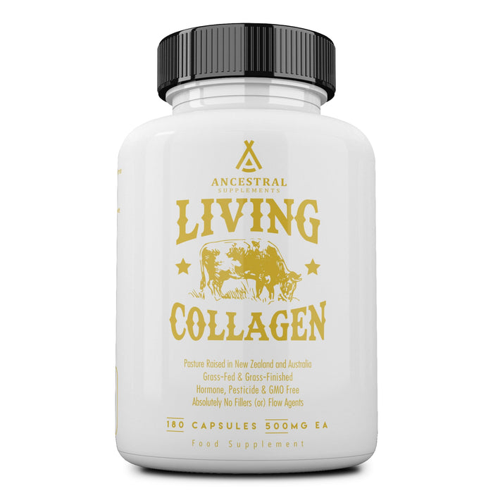 Ancestral Supplements Grass Fed Beef Living Collagen Nutritional Powder Supplement, 3000mg, Promotes Healthier, Younger Looking Skin, Hair, Nails and Joints, Types I,II,III,V, and X, 180 Capsules