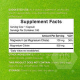 Magnesium Citrate 500mg, 240 Capsules | Easily Absorbed, Purified Trace Mineral – Muscle, Heart, & Digestive Support – One a Day, Non-GMO