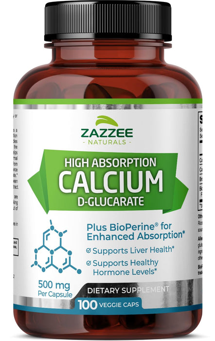 Zazzee High Absorption Calcium D-Glucarate, 500 mg per Capsule, 3 mg BioPerine for Enhanced Absorption, 100 Vegan Capsules, Plus Broccoli 10:1 Extract, 100% Vegetarian, CDG, All-Natural and Non-GMO