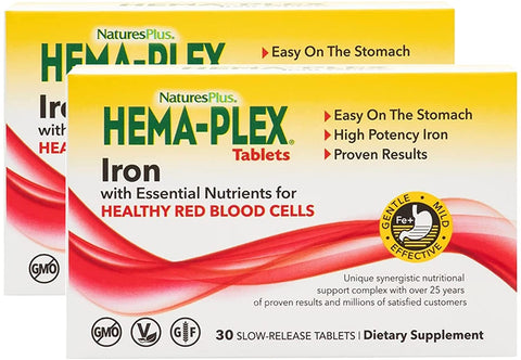NaturesPlus Hema-Plex Iron - 30 Sustained Release Tablets, Pack of 2-85 mg Elemental Iron - Total Blood Health - with Vitamin C & Bioflavonoids - Vegan, Gluten Free - 60 Total Servings