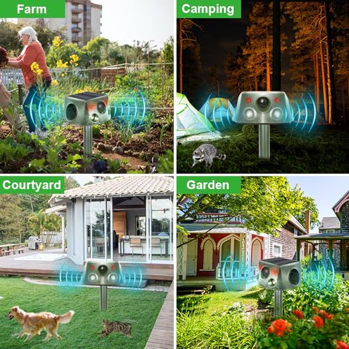 Ultrasonic Solar Animal Repeller for Yard, 6 Modes Outdoor Cat Repellent Squirrel Repellent with Motion Sensor & Flashing Light, Animals Deterrent for Squirrel Bird Deer Cat Skunk Dog for Yard Garden