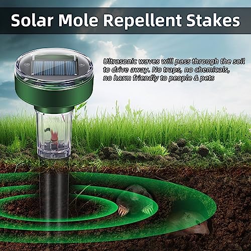 4Pack Mole Repellent Solar Powered Waterproof Mole Chipmunk Repellent Outdoor Ultrasonic Gopher Vole Deterrent Sonic Repellent Spikes Drive Away Burrowing Animals from Lawns,Yard (Led Pathway Light)