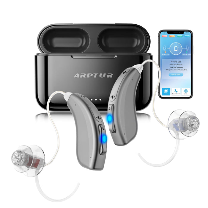 Bluetooth Hearing Aids Rechargeable with Noise Cancelling | dolphin hearing APP | Hearing Test Hearing Aids with Bluetooth | Auto-On/Off 4 Listening Programs with Tinnitus Masking (Grey430)