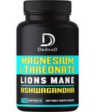 DEDICAD Magnesium L-Threonate Capsules with Lions Mane Mushroom & Ashwagandha Root - 210 Capsules - 1000Mg Per Serving