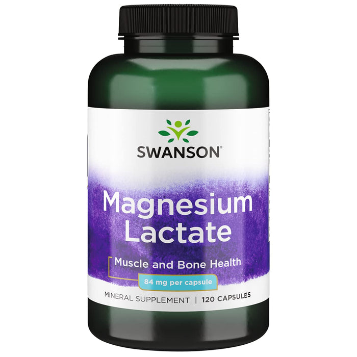 Swanson Magnesium Lactate - Mineral Supplement Promoting Muscle and Bone Health Support - Lactose-Free Lactate Mineral Form for Gentle Absorption - (120 Capsules, 84mg Each)