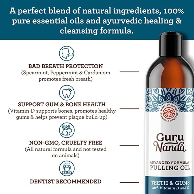 GuruNanda Advanced Oil Pulling with Tongue Scraper Inside The Box - Natural Alcohol Free Mouthwash with Coconut Oil, Vitamins D & E - Supports Healthy Gums, Teeth Whitening & Fresh Breath (8 Fl Oz)