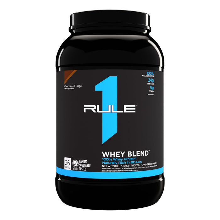 Rule 1 R1 Whey Blend, Chocolate Fudge - 1.98 lbs Powder - 24g Whey Concentrates, Isolates & Hydrolysates with Naturally Occurring EAAs & BCAAs - 26 Servings