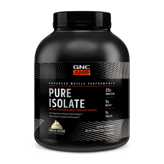 GNC AMP Pure Isolate | Fuels Athletic Strength, Performance and Muscle Growth | Fast Absorbing | 25g Whey Protein Iso with 5g BCAA | Vanilla Custard | 70 Servings