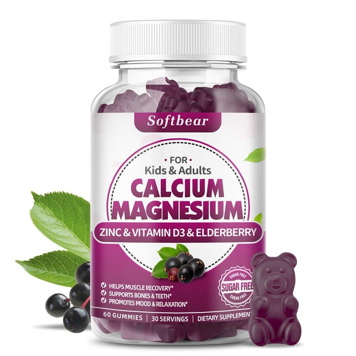 softbear Sugar Free Calcium Magnesium Zinc Gummies for Womem Men, High Absorption Calcium Magnesium Zinc with Vitamin D3 Supplement for Bone & Muscle Health, Vegan Elderberry Flavor 60 Count