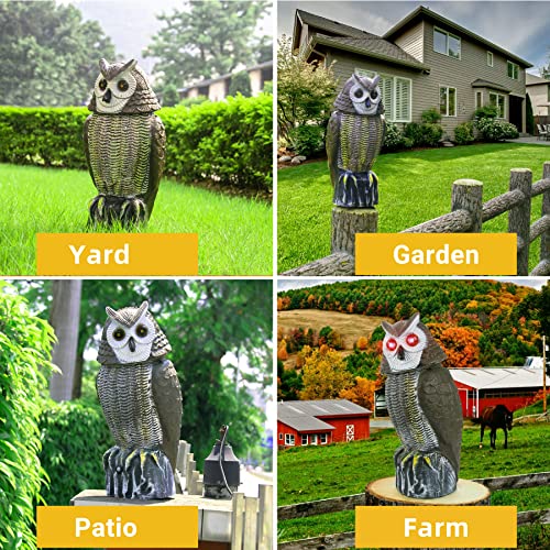 molemo Solar Bird Repellent, Owl Decoy Bird Deterrent Devices Outdoor with Flashing Eyes & Realistic Sound & Rotating Head, Intelligent Animal Repeller for Home, Garden, Patio, RV, Halloween