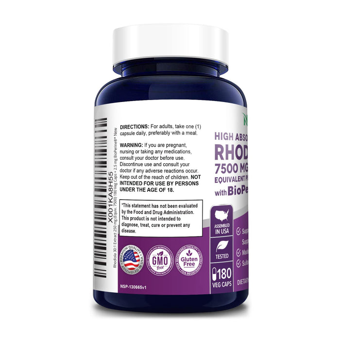 NusaPure Rhodiola Rosea 7,500mg 180 Veggie Capsules (Non-GMO, Extract 30:1, Vegan & Gluten-Free) Bioperine