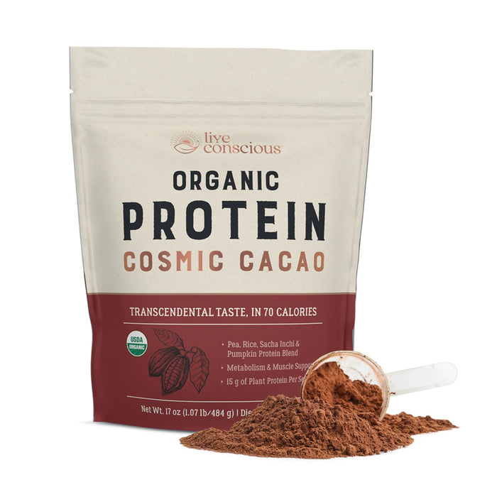 Live Conscious Organic Pea Protein Powder - Cosmic Cacao Chocolate Flavor | Low-carb Plant-Based Vegan Protein Blend - Pea, Brown Rice, Pumpkin, Sacha Inchi | 20 Servings, 17 oz