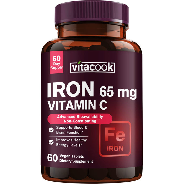 Vitacook Iron Supplement for Women and Men, High Potency Iron with Vitamin C, Blood, Energy, Muscle & Immune System Support, Vegan, 60 Count