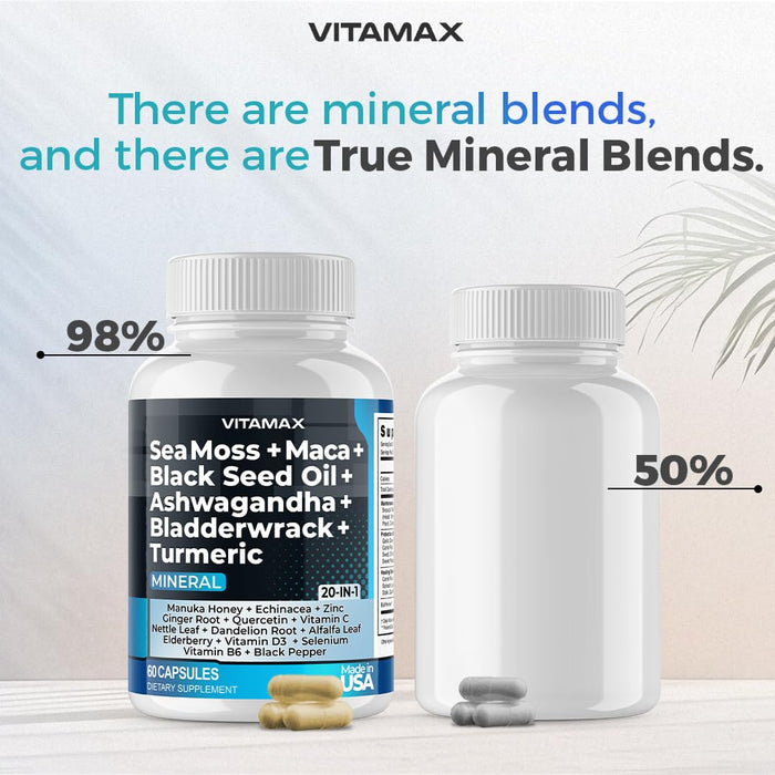 Sea Moss 3000mg Maca 2000mg Black Seed Oil 2000mg Ashwagandha 1000mg Bladderwrack 1000mg Turmeric 2000mg - Manuka Honey, Elderberry, Vitamin C & D3, Dandelion & Black Pepper - 60ct