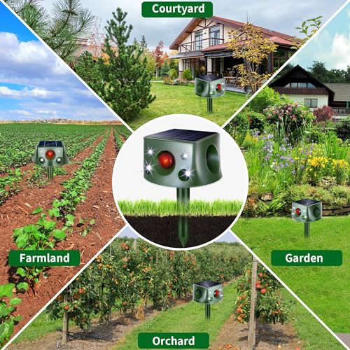 Solar Animal Repeller, 360° Ultrasonic Animal Repellent, 7 Modes Animal Repellent for Garden, IP66 Waterproof Animal Deterrent Devices Outdoor, Repels Cat, Dog, Rat, Squirrel, Deer, Rabbit, Raccoon