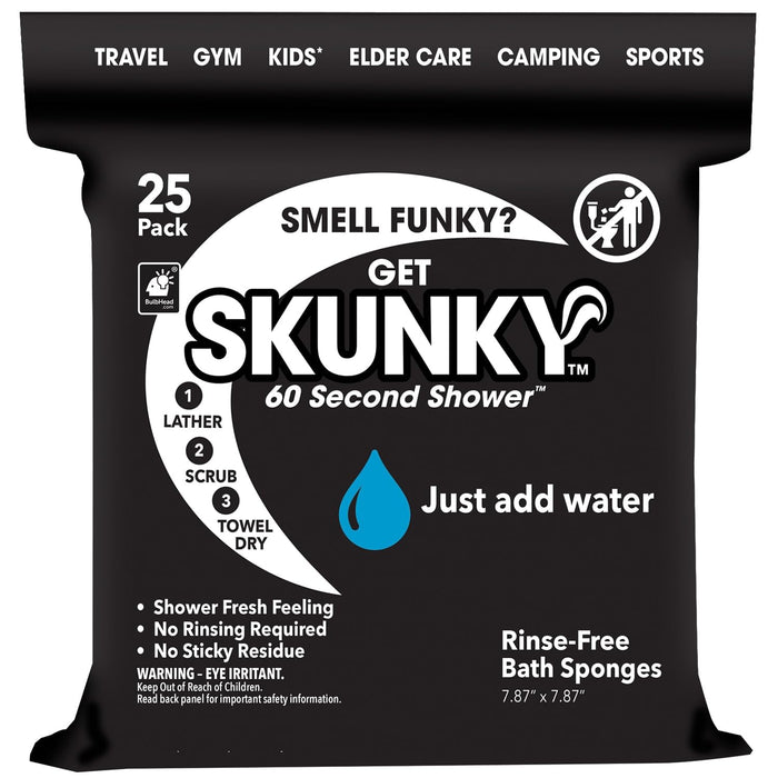 Skunky Disposable Rinse-Free Bathing Sponge Wipes, AS-SEEN-ON-TV, Cleans Without a Shower, Just Add Water, Lather, Scrub & Dry With No Sticky Residue, Gym, Elder Care, Kids & More