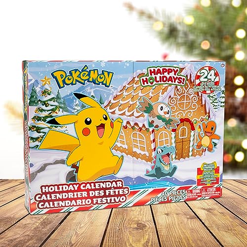 Pokémon 2023 Holiday Advent Calendar for Kids, Boys & Girls - 24 Piece Gift Playset - Characters Featured: Pikachu, Eevee, Charmander & More! - 16 Holiday Toy Figures & 8 Christmas Accessories - 4+