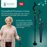 Campbell Posture Cane for Men & Women - Walking Canes for Seniors, Folding Cane, Walking Stick Made w/Heavy-Duty Aluminum, Ergonomic Campbell Handle, Rubber Traction Tip, Elderly Assistance Products