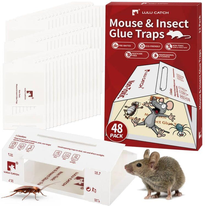 LULUCATCH Sticky Mouse Traps, 48 Pack Pre-baited Glue Traps, Foldable Bulk Non-Toxic Indoor Mouse Glue Boards for Insects, Snake, Lizard, & Spider, Pet Child Safe & Easy to Use Pest Control