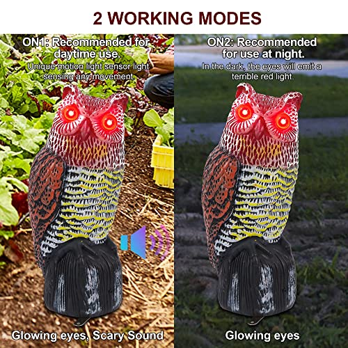 Hausse Solar Fake Horned Owl Statue, Solar Powered Halloween Motion Activated Scarecrow Deterrent Owl with Red Eyes, Scary Sound Scare Birds Away for Garden Yard Outdoor