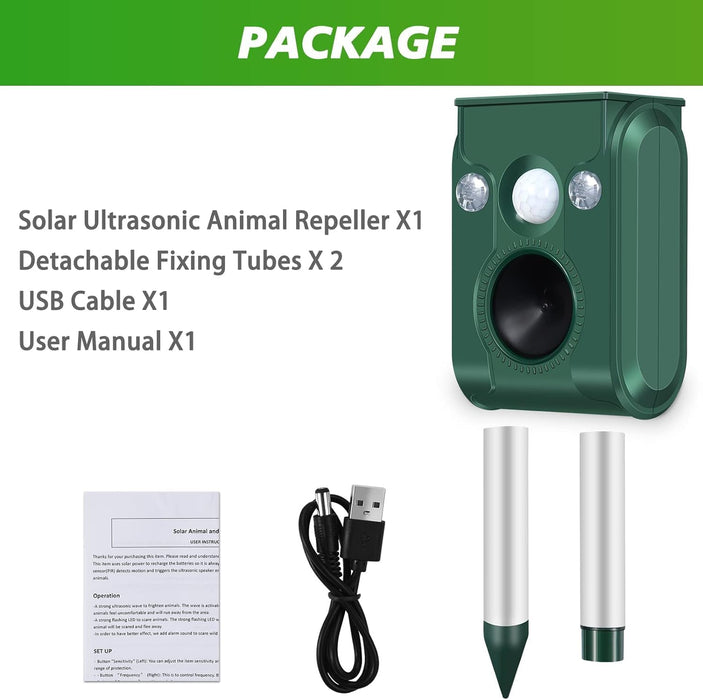 Solar Ultrasonic Animal Repellent, Sonic Animal Repeller, Motion Activated Animal Repellent, Dog Cat Repellent Outdoor Squirrel Rodent Fox Bird Skunk Racoon Deer Deterrents for Outside