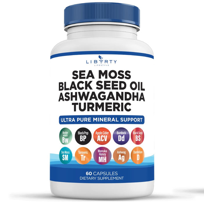 Liberty Lifestyle Sea Moss 3000mg Black Seed Oil 2000mg Ashwagandha1000mg Burdock 1000mg Root - Mineral (60 Count (Pack of 1))