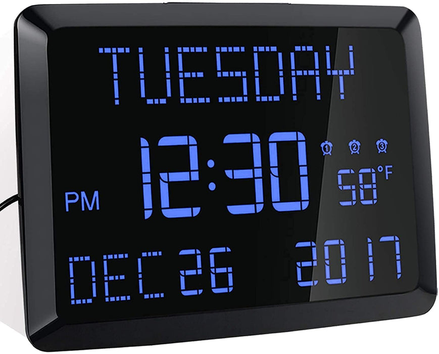 Digital Wall Clock, 11.5" Extra Large Display Calendar Alarm Day Clock with Date and of Week, Temperature,2 USB Chargers,3 Alarms, 5 Dimmer& 12/24Hr LED Desk for Office, Living Room, Bedroom, Elderly