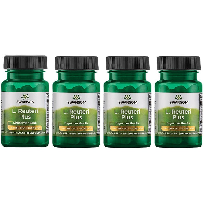 Swanson L. Reuteri Probiotic Plus w/L. Rhamnosus L. Acidophilus & FOS Prebiotic Digestive Support - Promotes Gut Health w/ 7 Billion CFU per Capsule - (30 Veggie Capsules) 4 Pack