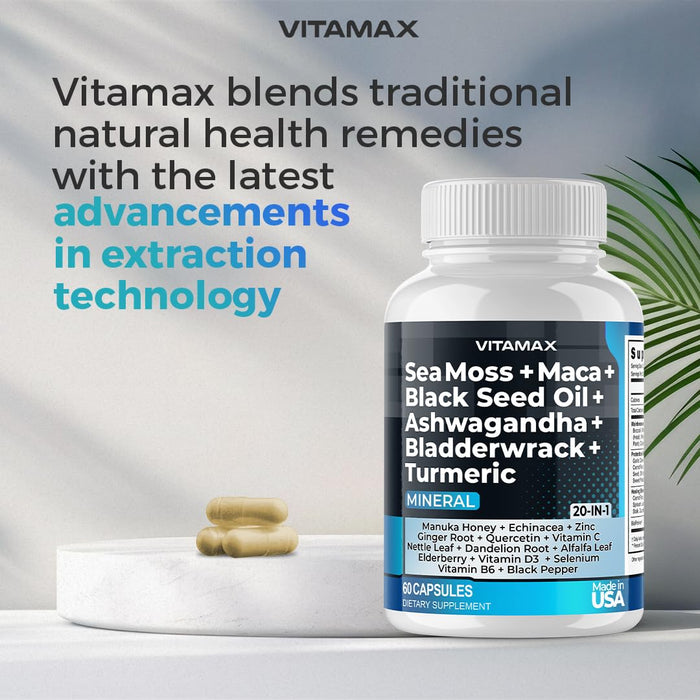 Sea Moss 3000mg Maca 2000mg Black Seed Oil 2000mg Ashwagandha 1000mg Bladderwrack 1000mg Turmeric 2000mg - Manuka Honey, Elderberry, Vitamin C & D3, Dandelion & Black Pepper - 60ct