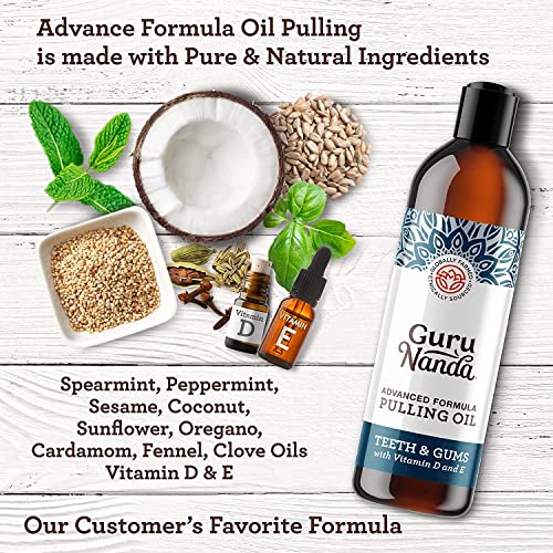 GuruNanda Advanced Oil Pulling with Tongue Scraper Inside The Box - Natural Alcohol Free Mouthwash with Coconut Oil, Vitamins D & E - Supports Healthy Gums, Teeth Whitening & Fresh Breath (8 Fl Oz)