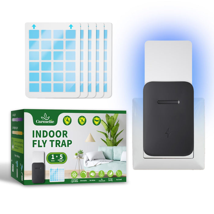 Carmelie Fly Trap Indoor, Fruit Fly Trap for Indoors, Plug-in Flying Insect Traps Catcher with Dimmable UVA Attract Night Light Mode, for House Flies Bugs Mosquito Pest, Black(1 Device+5 Glue Cards)