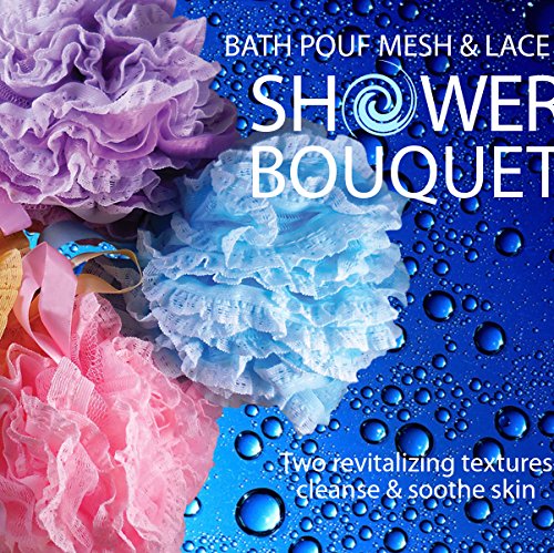 Loofah-Bath-Sponge Lace-Mesh-Set >> 2-Scrubs-in-1 by Shower Bouquet: Large Full 60g Pouf (4 Pack Spa Colors) Body Luffa Loofa Loufa Puff - Exfoliate, Cleanse Skin with Luxurious Bathing Accessories