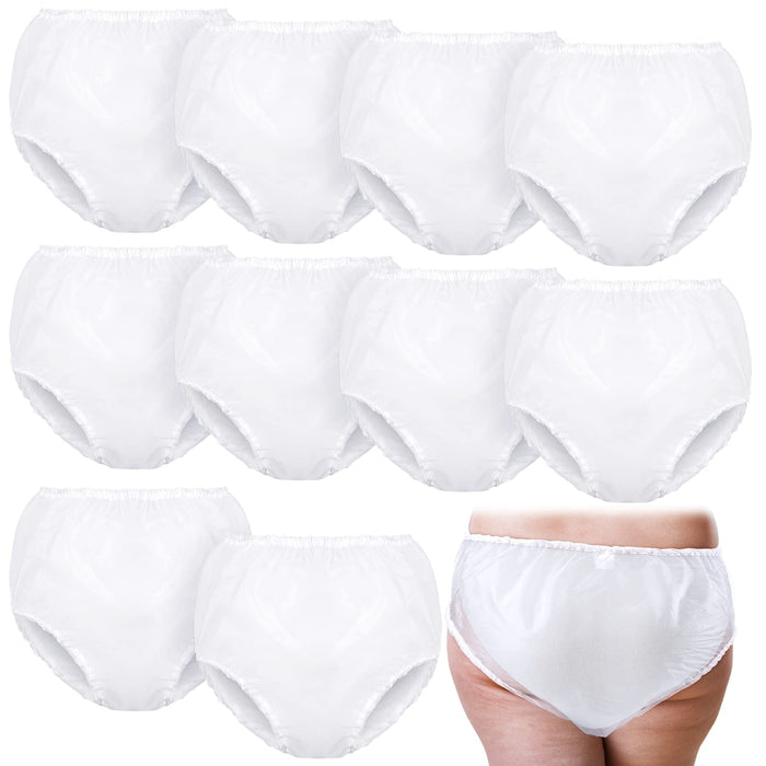 Weewooday 10 Pcs Adult Plastic Pants, X-Large, White, Waterproof Incontinence Underpants EVA Pull on Cover Pants Leak Proof Washable Incontinence Pants for Men Women Elderly