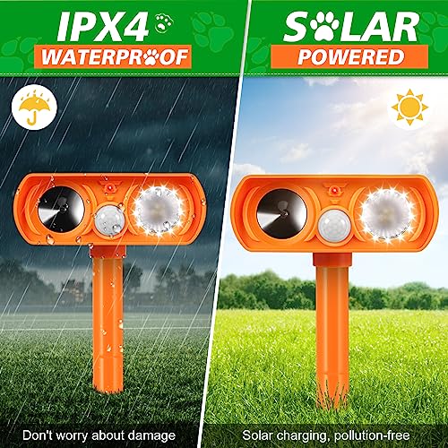 Ultrasonic Cat Deterrent,Solar Powered Deterrent with Motion Sensor and Flashing Lights Outdoor Solar Farm Garden Yard Device,Dogs,Cats,Birds