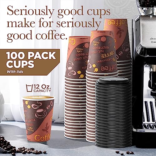 Disposable Coffee Cups with Lids 12 oz (100 Pack) - To Go Paper for Hot & Cold Beverages, Coffee, Tea, Chocolate, Water, Juice Eco Friendly