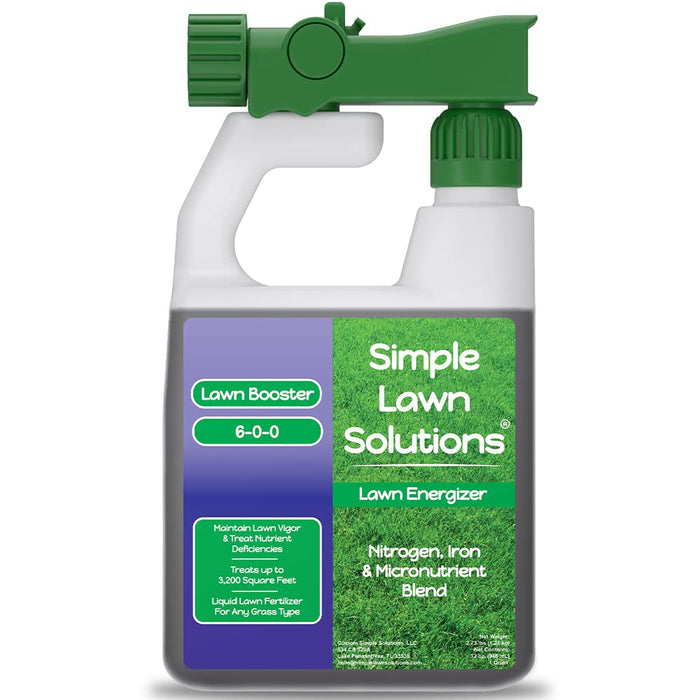 Commercial Grade Lawn Energizer- Liquid Fertilizer Booster with Iron & Nitrogen- Turf Spray Concentrated Fertilizer for Deeper Green- Any Grass Type, All Year- Simple Lawn Solutions- 32 Ounce