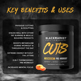 BLACKMARKET CUTS Pre Workout - Flavored Energy Powdered Drink Mix for Men & Women, Great for Muscle Definition, Fat Burning, Thermogenic, Creatine Free, (Peach Ring, 30 Servings)